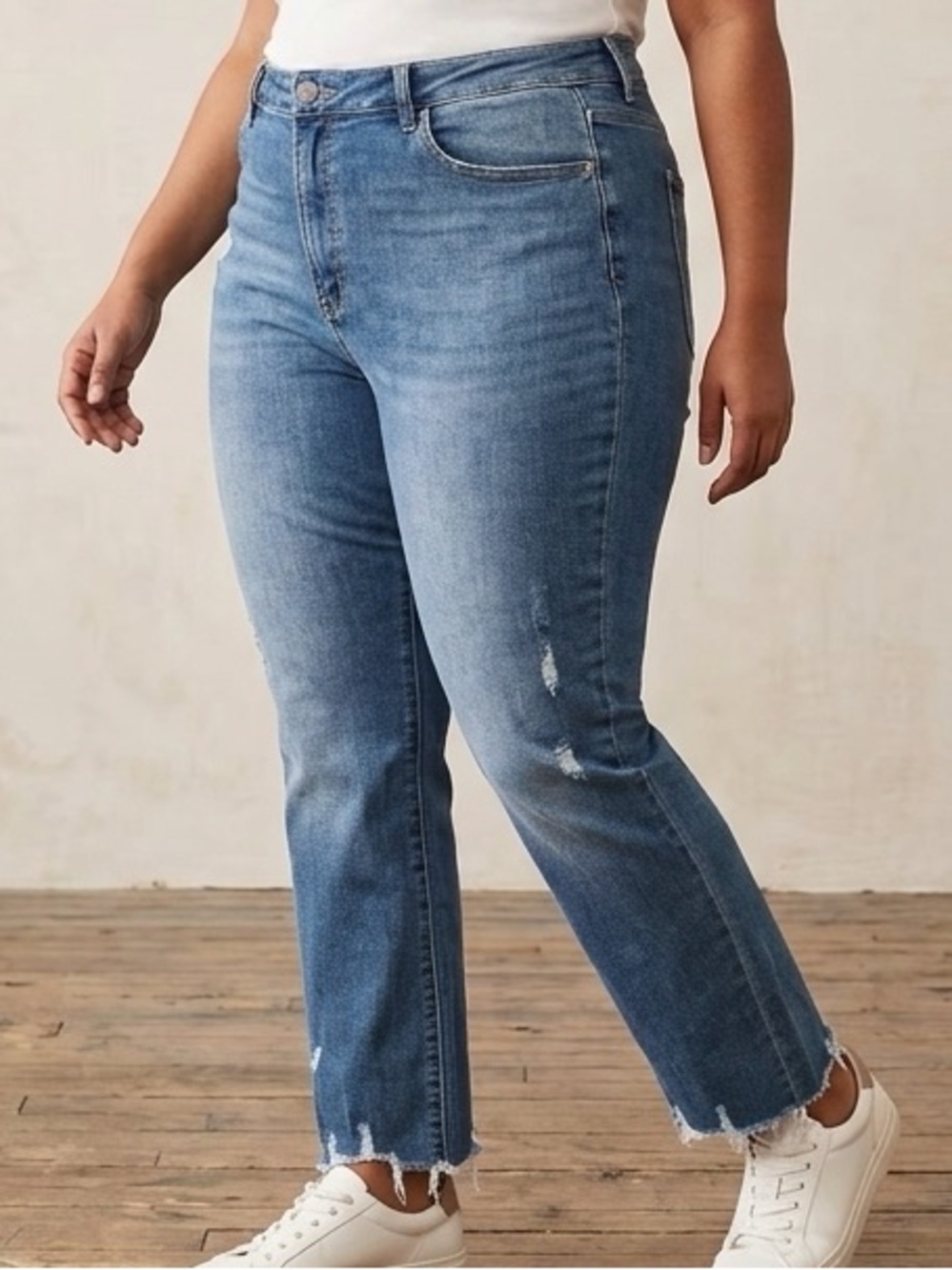 Risen High Rise Distressed Straight Crop Jeans Raw Hem Blue Plus Size